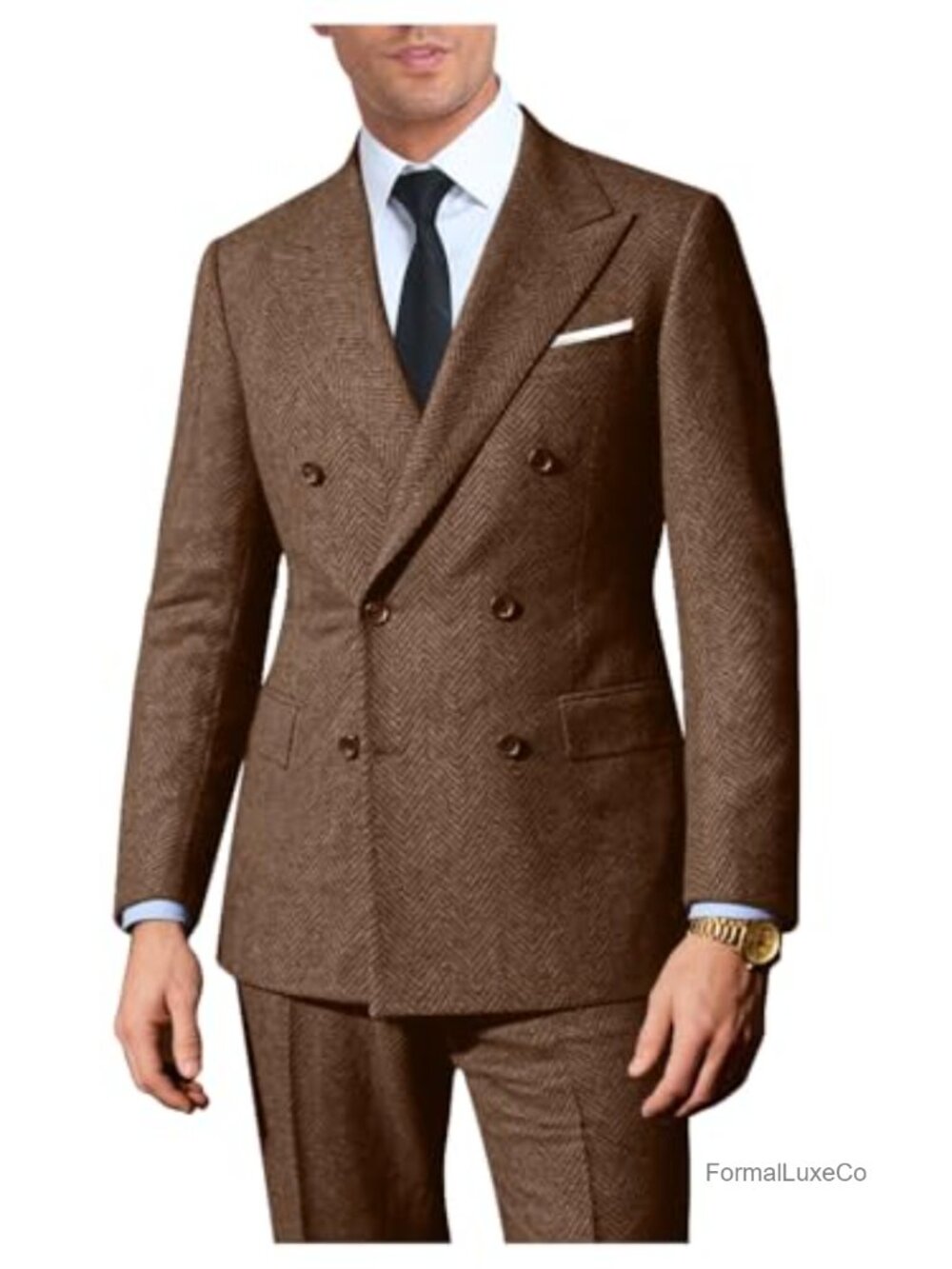 Retro 2pc Mens Herringbone Tweed Suit Jacket & Pants Double Breasted Peak Lapel